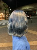 ブリーチカラー、ブルーシルバー、波ウェーブ