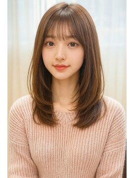 セミロングレイヤーカットストレートロングウルフカットベージュ