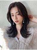 シャギーレイヤーロング韓国ワンホンヘアシースルーぱっつん前髪