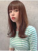 外ハネ　鎖骨ロブ×アプリコットベージュ 重めバング 韓国風