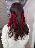 ハーフアップ　リボンアレンジ　結婚式　同窓会　20代30代