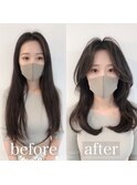 韓国風前髪エギョモリカットパーマ　Aラインボブ マロンベージュ