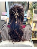 ハーフアップウェーブ巻き　結婚式ヘアセットゆる巻き
