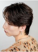 センターパートコンマバングニュアンスフェザーテーパーフェード
