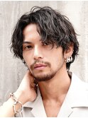 メンズミディアムパーママッシュウルフカット波巻きスパイラル