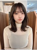 黒髪ボブルフネビージュワンレンくびレイヤーミディアムヘア