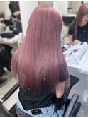 透明感カラー　ピンクアッシュ　ストレート　ロング　艶カラー