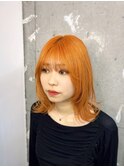ミディアム顔周りレイヤー小顔カットオレンジカラー