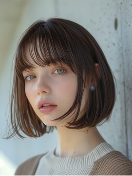 ムウ 難波(MOU) ナチュラルショートボブルフ黒髪ネビージュ小顔ワンレン20代30代
