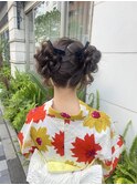 浴衣ヘア　浴衣ヘアセット　ツインアレンジ　ツイン団子