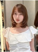 グレージュブラウン/ミディアムレイヤー/韓国巻き/顔周りカット