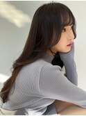 小顔薄めバンググレージュレイヤーロング前髪パーマ黒髪