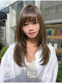 顔まわりレイヤーミディアムレイヤーオリーブベージュシースルー