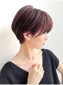 大人ショートヘア 前髪なしピンクベージュハイライト 丸顔 K0828