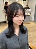韓国前髪顔周り×ハッシュレイヤー 暗めカラー/酸性ストレート