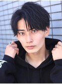 ブルーブラックアッシュハーフアップバング刈り上げツーブロック
