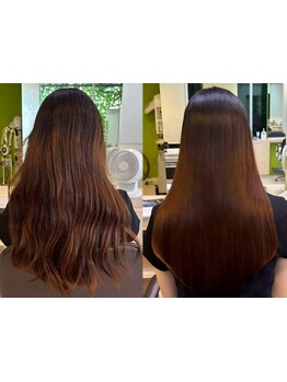 髪のダメージを最小限に抑え、ナチュラルな仕上がりに♪毛先まで指通り滑らかな憧れのストレートヘアを実現