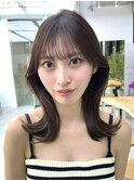 美髪カールピンクブラウン韓国レイヤーくびれセミディ顔周り前髪