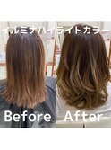 ベージュ系ハイライト/セミロング/ゆる巻き