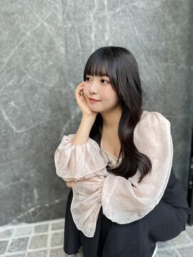 アム 表参道(am) 小顔薄めバンググレージュレイヤーロング前髪パーマ黒髪