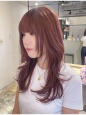レイヤーカット　ピンクカラー　ピンクブラウン