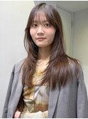 グレージュブラウン/ミディアムレイヤー/韓国巻き/顔周りカット