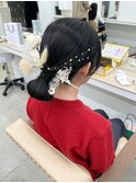 低めシニヨン金箔ヘアセット/成人式/ドライフラワーヘアアレンジ