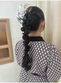 成人式　前撮り　振袖　編み下ろし　ポニーテール