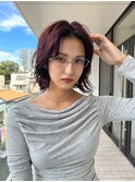 ボブウルフボルドーカラーニュアンスパーマ　暖色パーマ