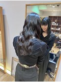 黒髪/グレーベージュ/レイヤーロング/前髪パーマ