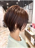 ロングショートワンカールパーマカーキグレージュ前髪錦糸町