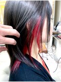 髪質改善インナーカラー レッド ミディアムストレート