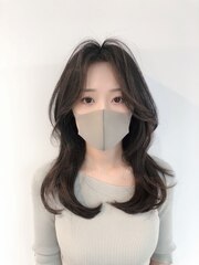 韓国風前髪エギョモリカットパーマ　Aラインボブ マロンベージュ