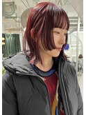 ウルフカット　ブリーチなしボルドーカラー