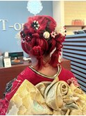 ■成人式用　ツインアレンジ×花飾り×ハイトーン×赤