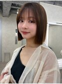 顔周りカット/縮毛矯正/ダークブラウン/コーラルにピンク/ボブ