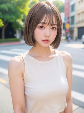 ムウ 難波(MOU) ナチュラルボブボブルフ黒髪ネビージュ小顔ワンレン20代30代40代