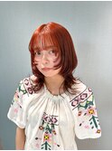 ミディアムウルフ/顔まわりレイヤー/オレンジカラー/暖色カラー
