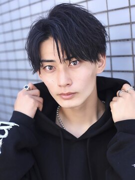 エイド 渋谷(aid) メンズブルーブラックアップバングデコだしコンマバング