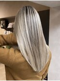バレイヤージュ、ハイライト、レイヤーロング、グレーベージュ
