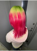 ウルフヘアロングウルフケアブリーチデザインカラーピンクカラー