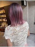 ピンクバレイヤージュ、ハイライト、レイヤーカット、グレージュ