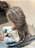 前髪ハイライトカラーこなれミディイメチェンウェーブパーマ