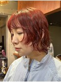 ボブレイヤーパーマ赤髪ブリーチなしダブルカラーチェリーレッド