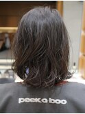 ボブ伸ばしかけパーマ多毛肩はねる長さ黒髪暗髪