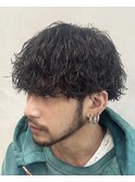 メンズマッシュウルフセンターパート波巻きパーマメンズカット
