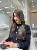 小顔薄めバンググレージュレイヤーロング前髪パーマ黒髪