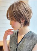 小顔見せ耳掛けひし形ショートボブ☆大人可愛い透明感ベージュ