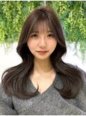 美髪カール韓国ヘアオリーブグレージュロングセミディ前髪