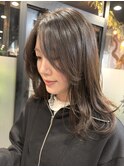 ロングショートワンカールパーマカーキグレージュ前髪錦糸町